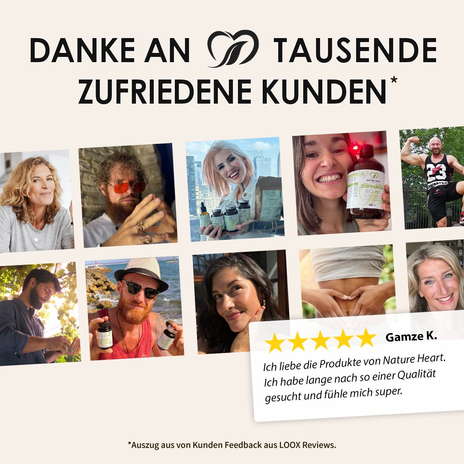 Collage von Kunden von Nature Heart. Verschiedene Personen mit Produkten. Sterne-Bewertung. Text: Ich liebe die Produkte von Nature Heart.