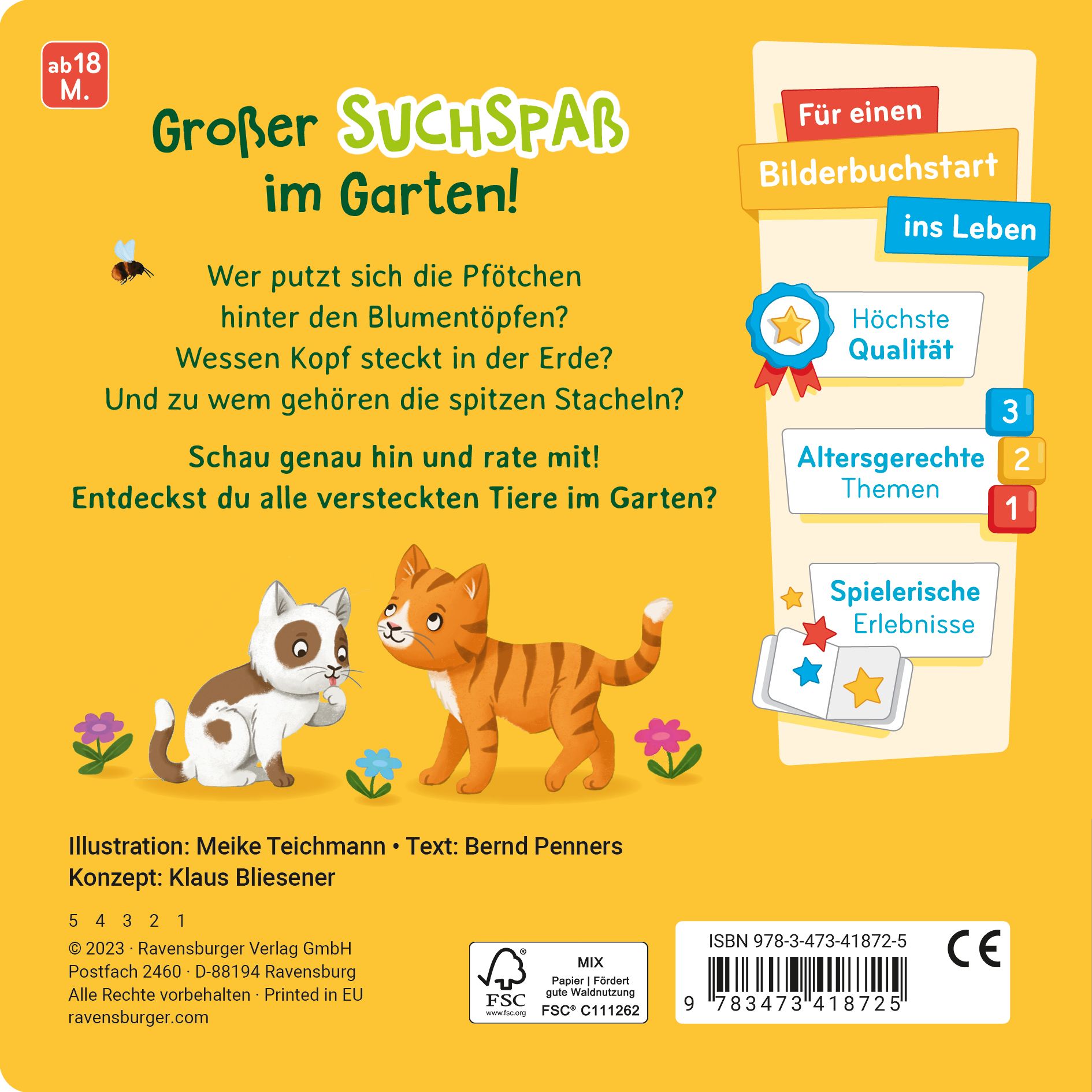 Rückseite des Buches "Rate mal: Wer lebt im Garten?" mit Text, Illustrationen und Logos.