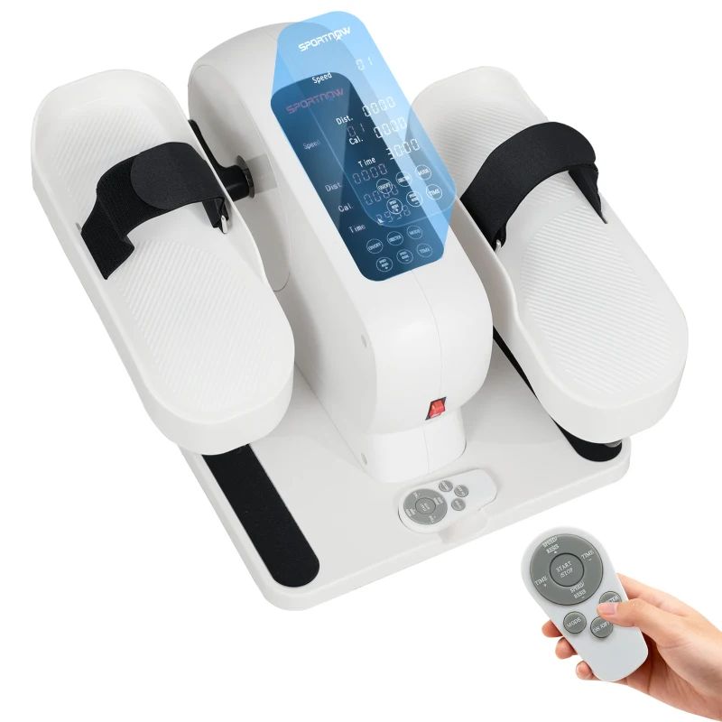 Weißes Mini-Ellipsentrainer-Fitnessgerät mit Display und Fernbedienung. Schwarze Riemen, rote Taste. SPORTNOW-Logo.