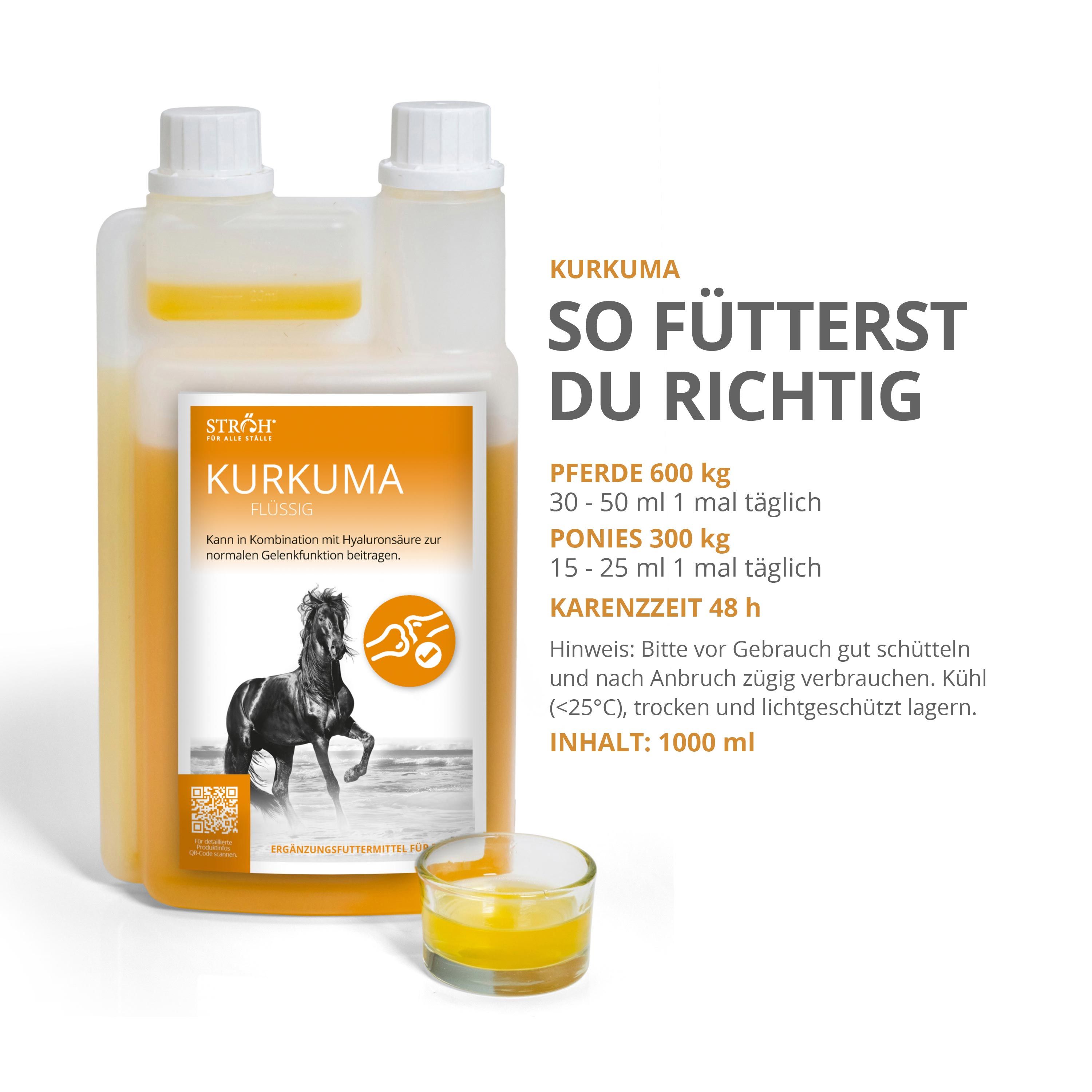 STRÖH Kurkuma Flüssig Flasche mit Dosierungsanleitung für Pferde und Ponys.