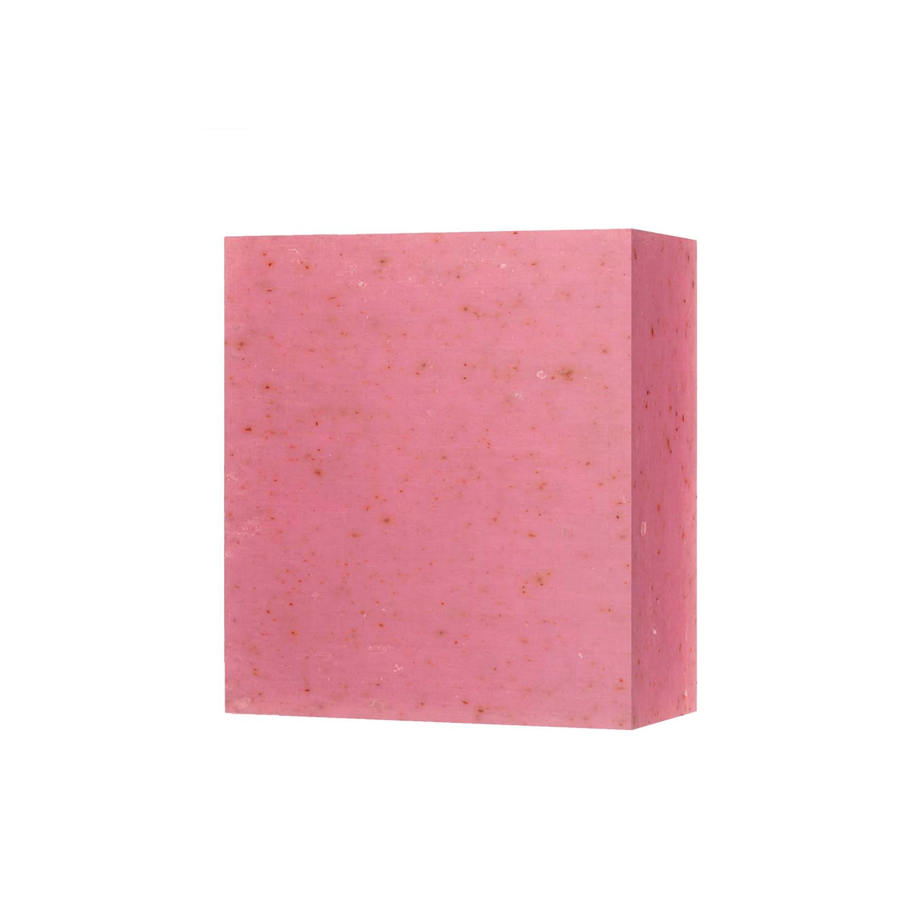 Ein rosa Gesichtsreinigungsriegel mit kleinen Sprenkeln auf weißem Hintergrund.