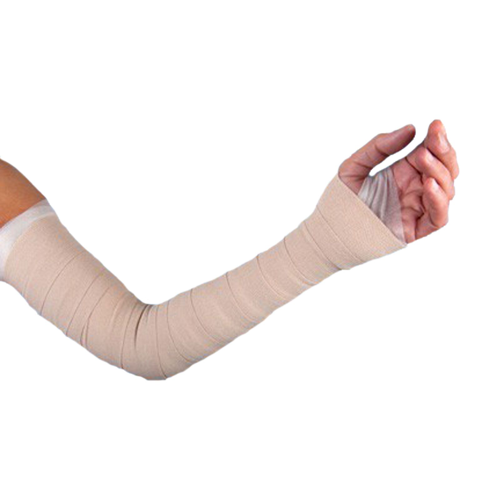 Arm, gewickelt mit Rudalastik Pflasterbinde. Beige Bandage um Handgelenk und Unterarm. Bandage ist gewickelt.