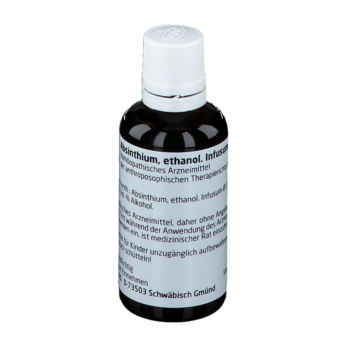 Braune Glasflasche mit weißem Deckel. Beschriftung: Absinthium, ethanol. Infusum. Homöopathisches Arzneimittel.