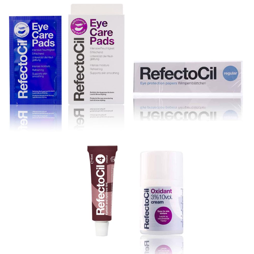 Refectocil Wimpernfarbe kastanie 4 & Oxidant Creme 3% Wimpernblättchen Eye Care Pads Set 15 ml