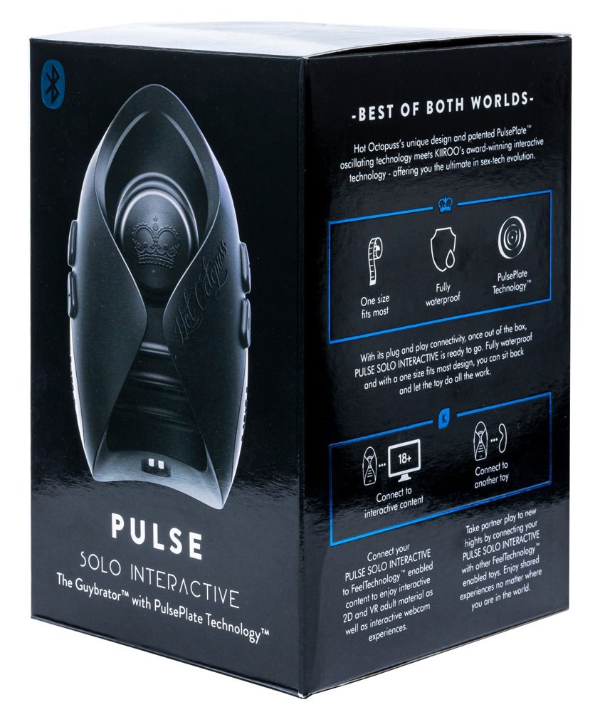 Schwarze Produktverpackung. Aufschrift: PULSE SOLO INTERACTIVE. Text und Icons. Bluetooth-Logo. Produktname und Technologie.