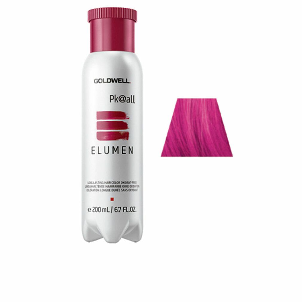 Goldwell Elumen pk@all. Flasche mit pinkfarbenem Deckel und Farbmuster. Text: Elumen, pk@all, 200 ml.
