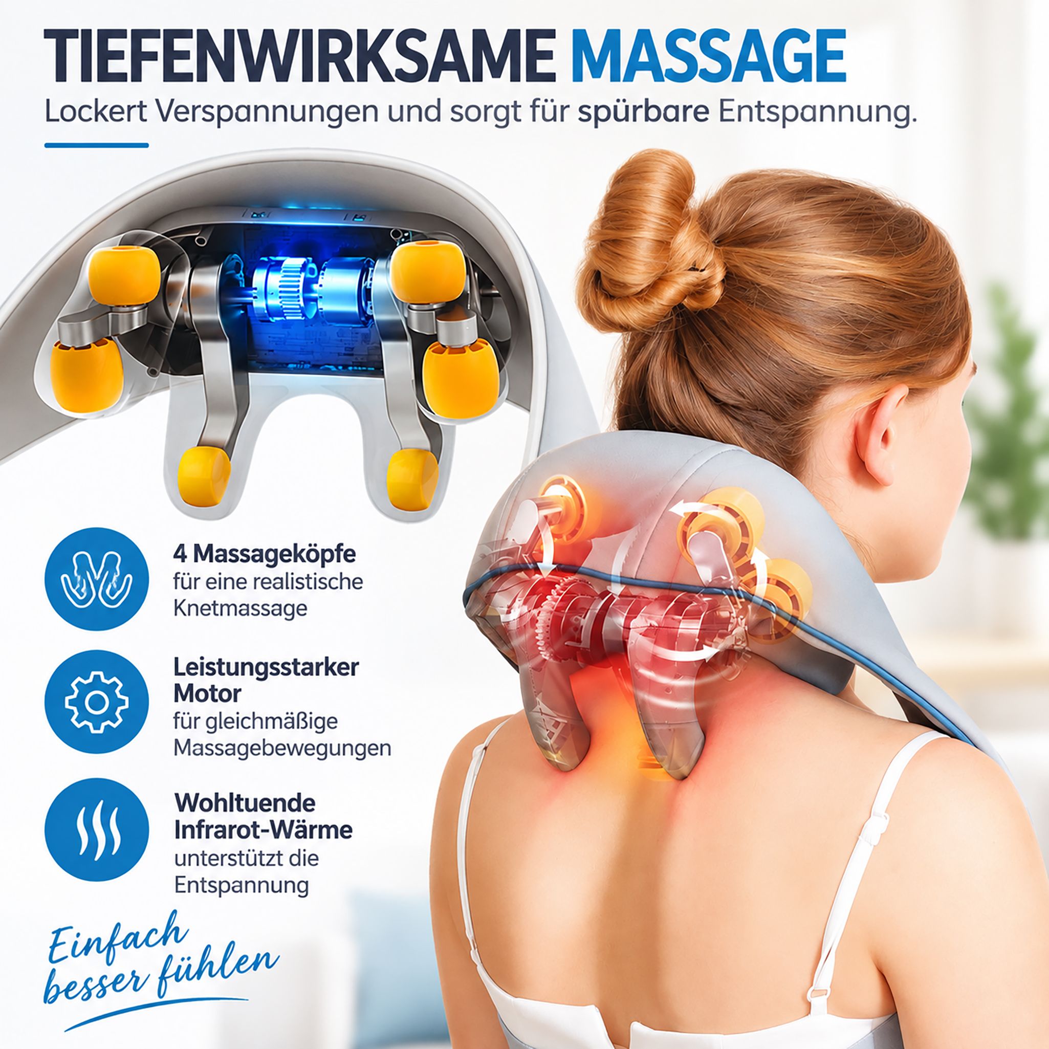 Detailansicht des Nackenmassagegeräts mit 4 rotierenden Massageköpfen und blauer Beleuchtung.