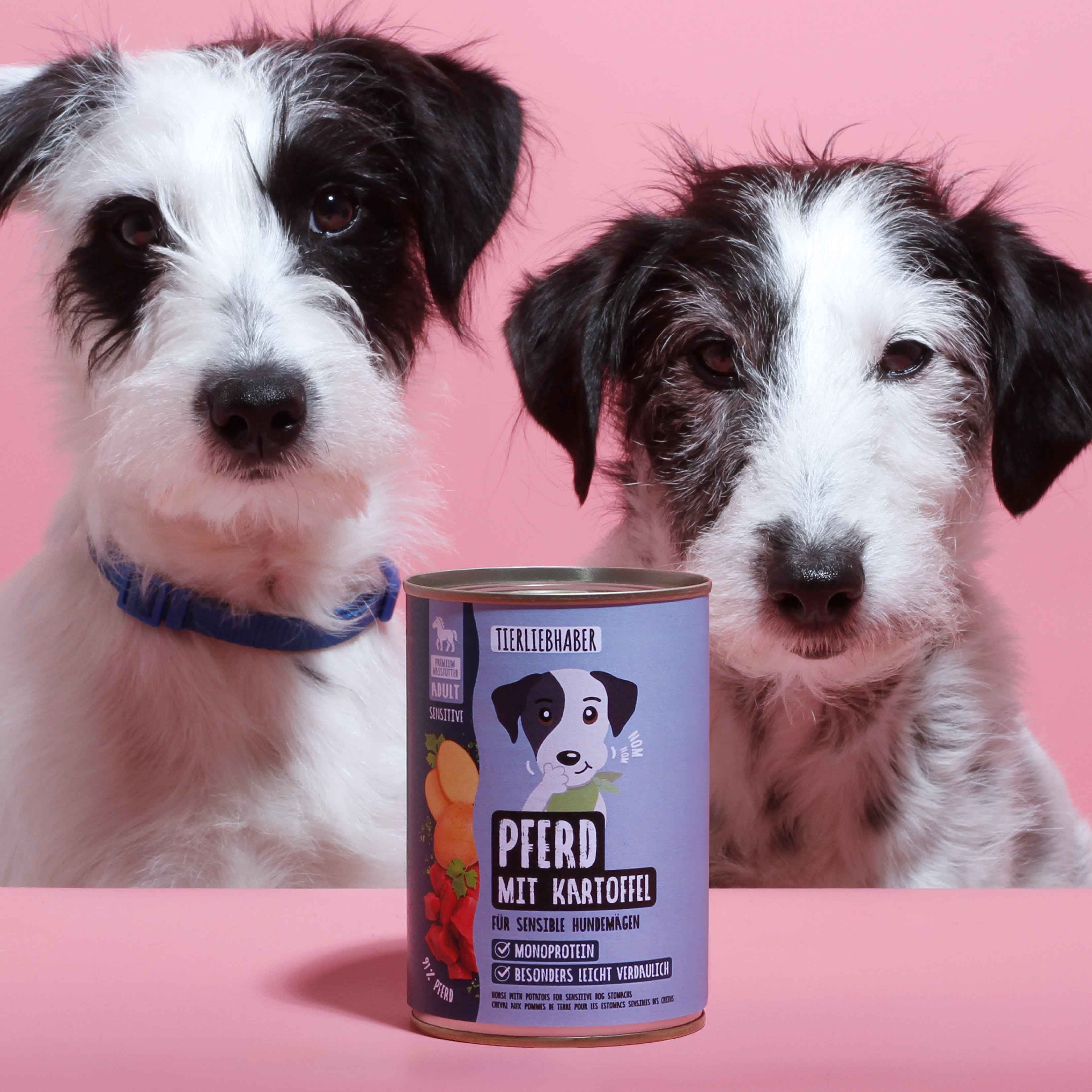 Hundefutterdose "Pferd mit Kartoffel" zwischen zwei Hunden. Rosa Hintergrund.