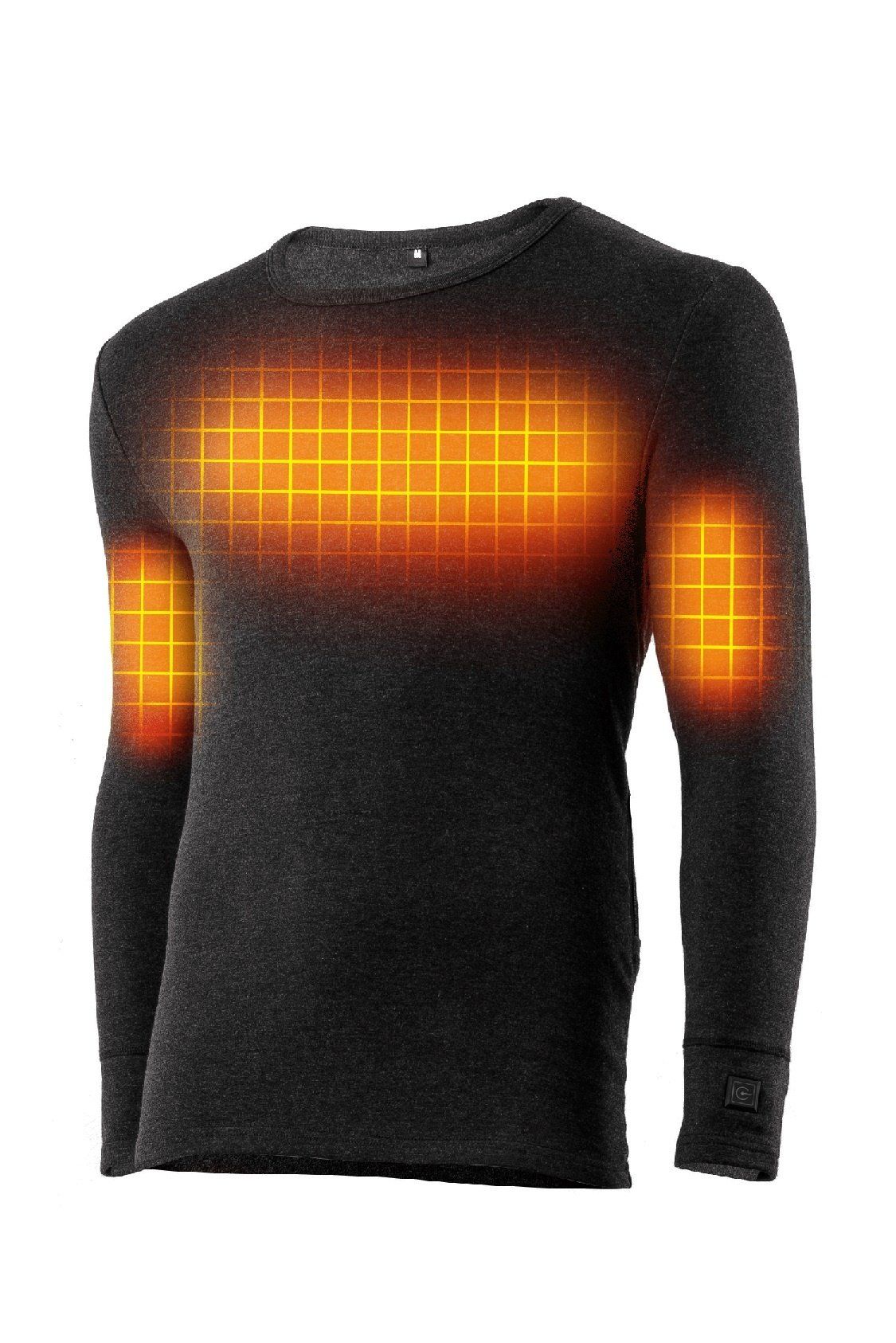 Dunkelgraues Langarm-Thermo-Shirt. Heizbereiche in Brust- und Armbereich dargestellt. Perspektivische Ansicht.