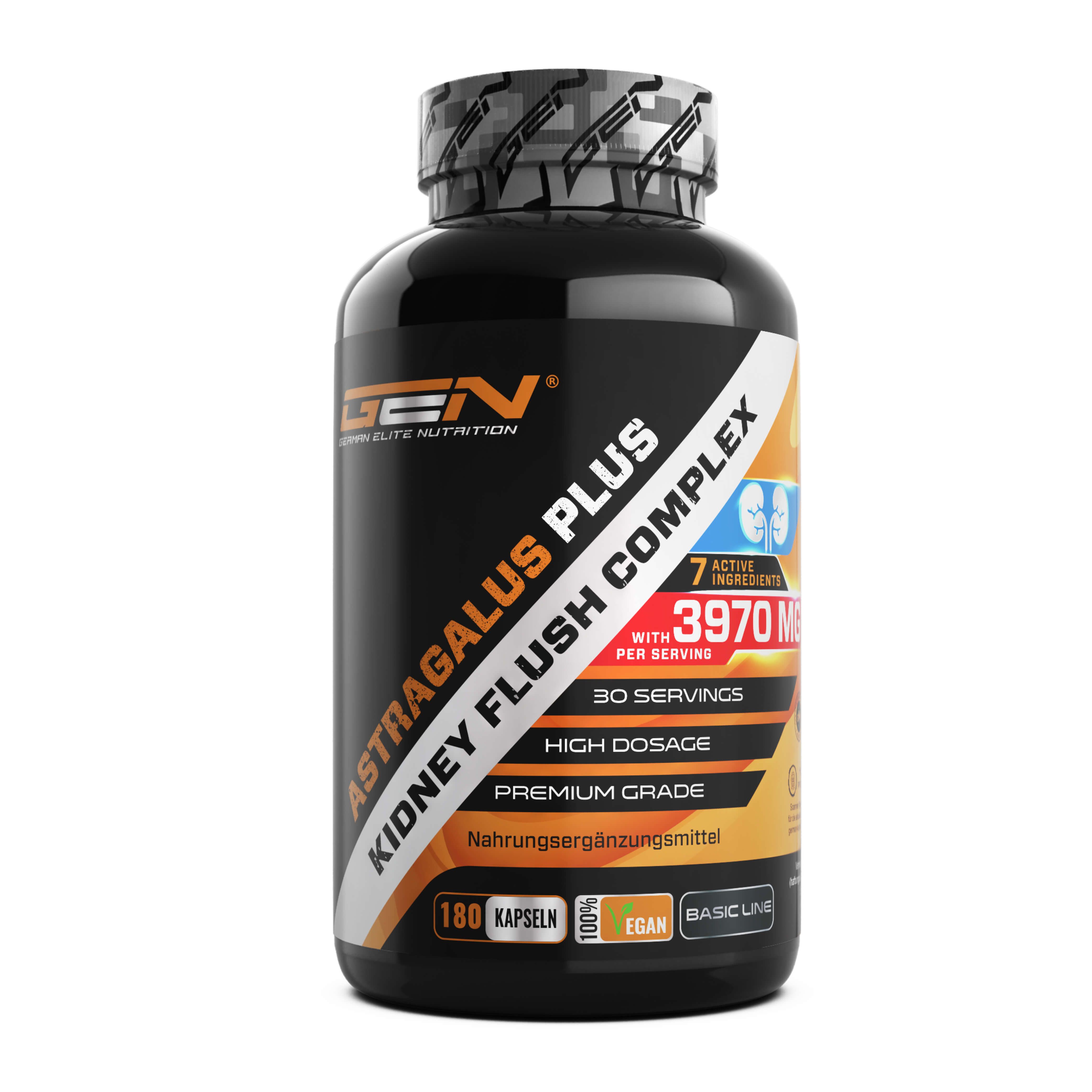 Schwarze Flasche mit GEN Astragalus Plus. Aufschrift: Kidney Flush Complex, 180 Kapseln, 7 Wirkstoffe, 3970 mg pro Portion.