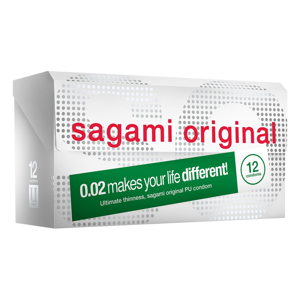 Weiße Verpackung mit rotem Schriftzug "sagami original". Grünes Feld mit "0.02 makes your life different!". Enthält 12 Kondome.