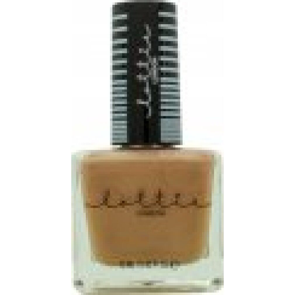 Nagellackflasche mit brauner Farbe. Schwarzer Deckel mit weißer Schrift. Lottie London Logo.