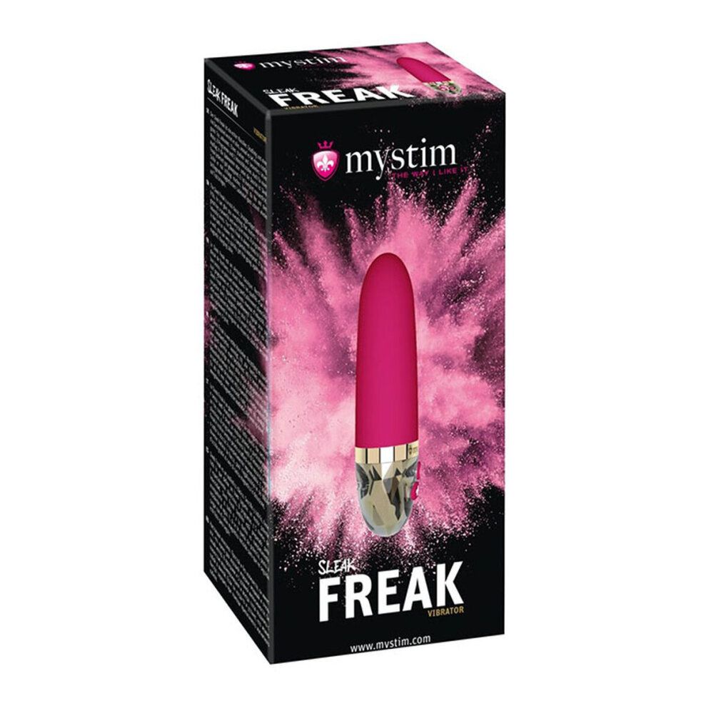 Verpackung von Mystim Sleak Freak Vibrator. Schwarzer Karton, Produkt abgebildet.