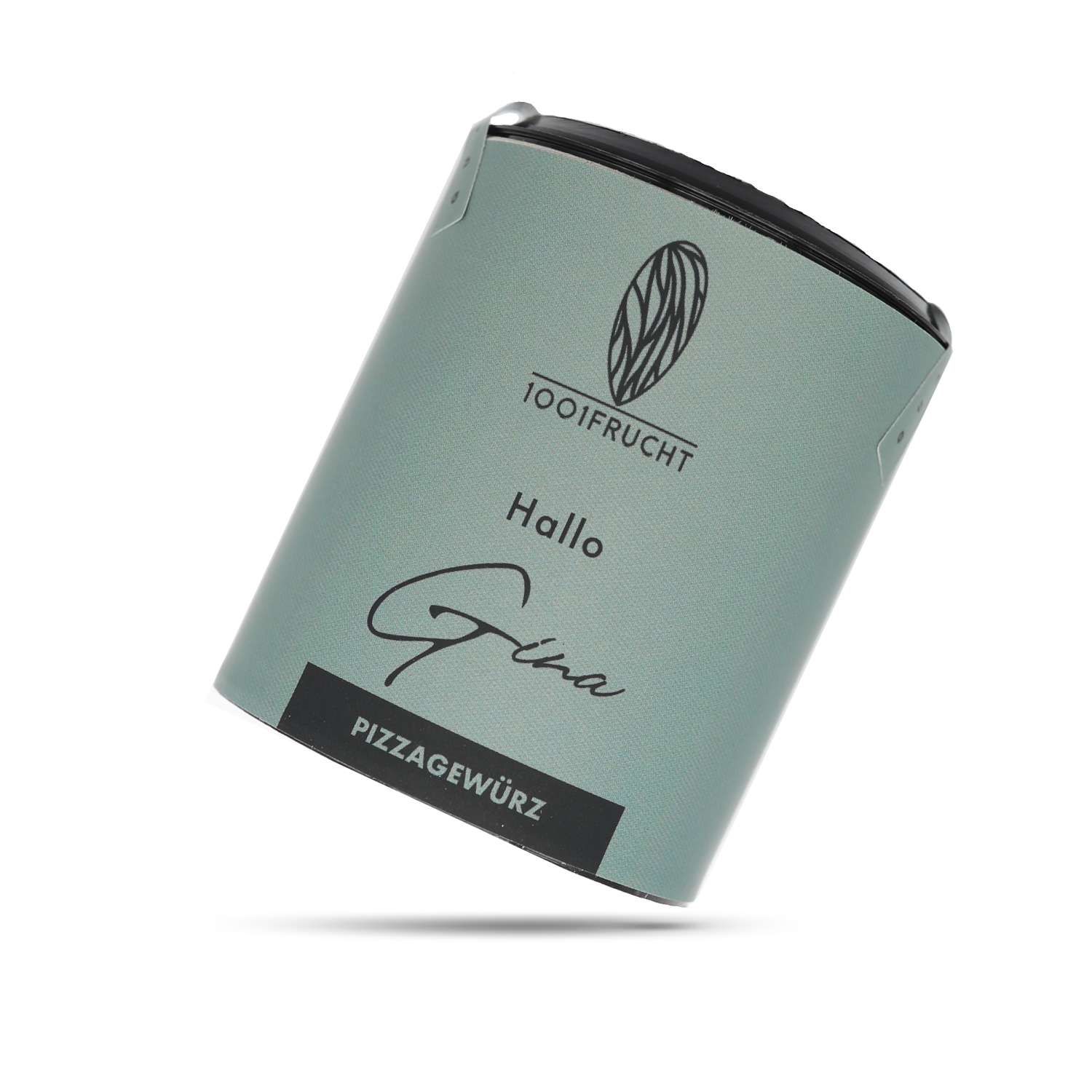 Zylindrische Verpackung mit Aufschrift "1001 Frucht", "Hallo Gina" und "Pizzagewürz". Hellgrüne Farbe, schwarzer Deckel.