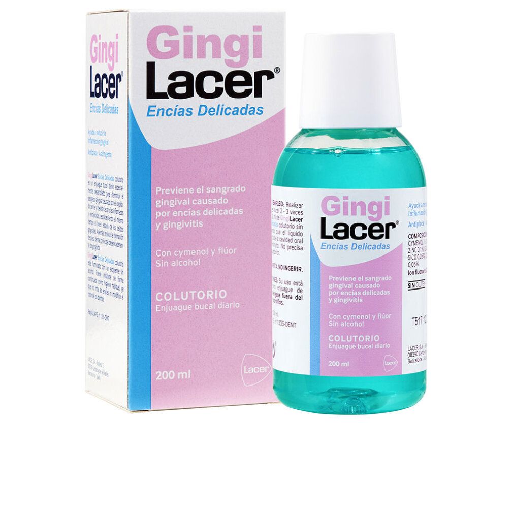 Mundspülung-Flasche und Schachtel. Flasche mit blauer Flüssigkeit, weißem Verschluss. Schachtel mit Produktnamen und Text.
