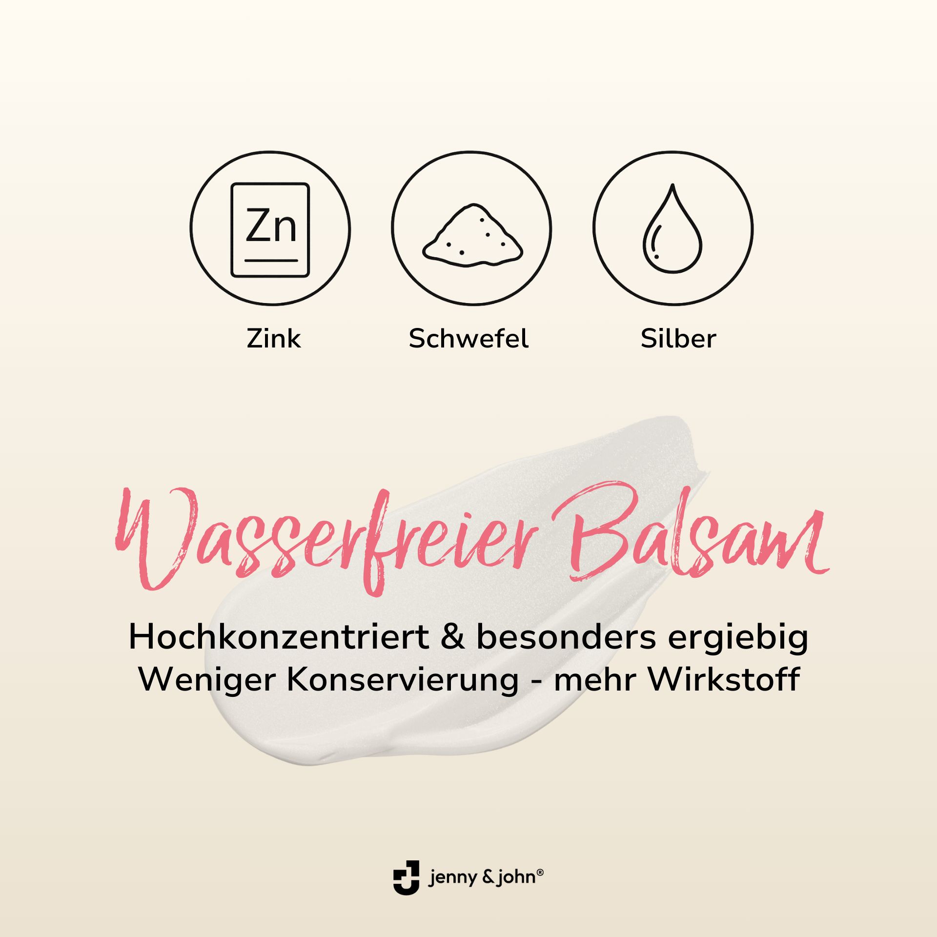 Weißer Balsam. Text: Wasserfreier Balsam. Inhaltsstoffe: Zink, Schwefel, Silber. Hochkonzentriert, weniger Konservierung.