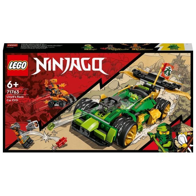LEGO Ninjago Auto da Corsa di Lloyd Evolution. La confezione mostra un'auto da corsa verde e gialla guidata da un personaggio ninja. Il set è destinato a bambini dai 6 anni in su. Sulla confezione sono raffigurate anche altre figure di ninja e uno sfondo rosso.