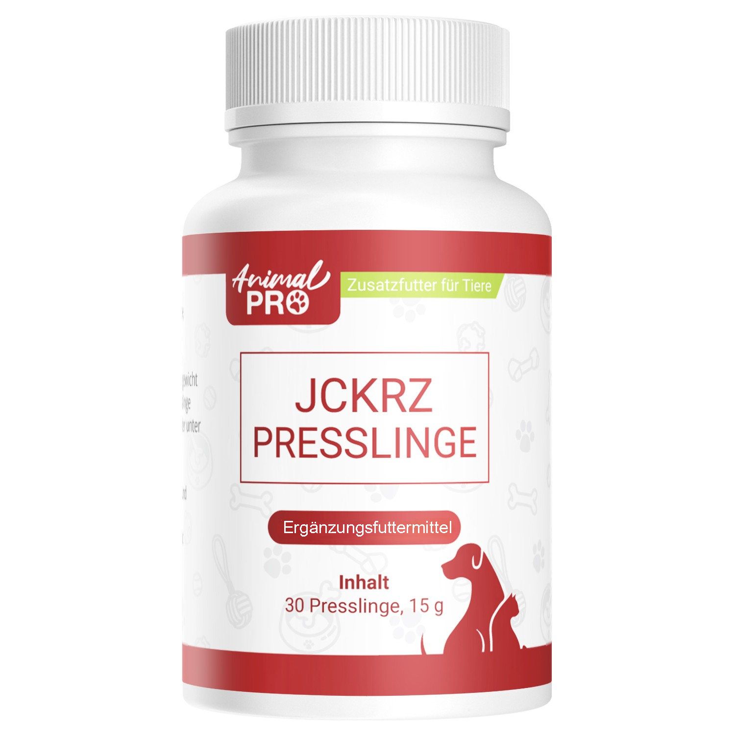 Weiße Flasche mit rotem Etikett: JCKRZ PRESSLINGE, Ergänzungsfuttermittel, 30 Presslinge, 15g.