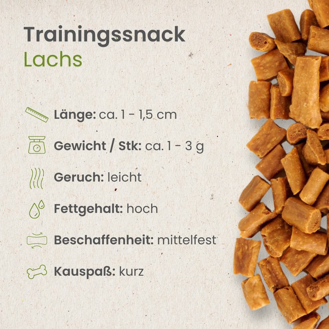 Trainingssnack Lachs, ca. 1-1,5 cm lang, mittelfest.