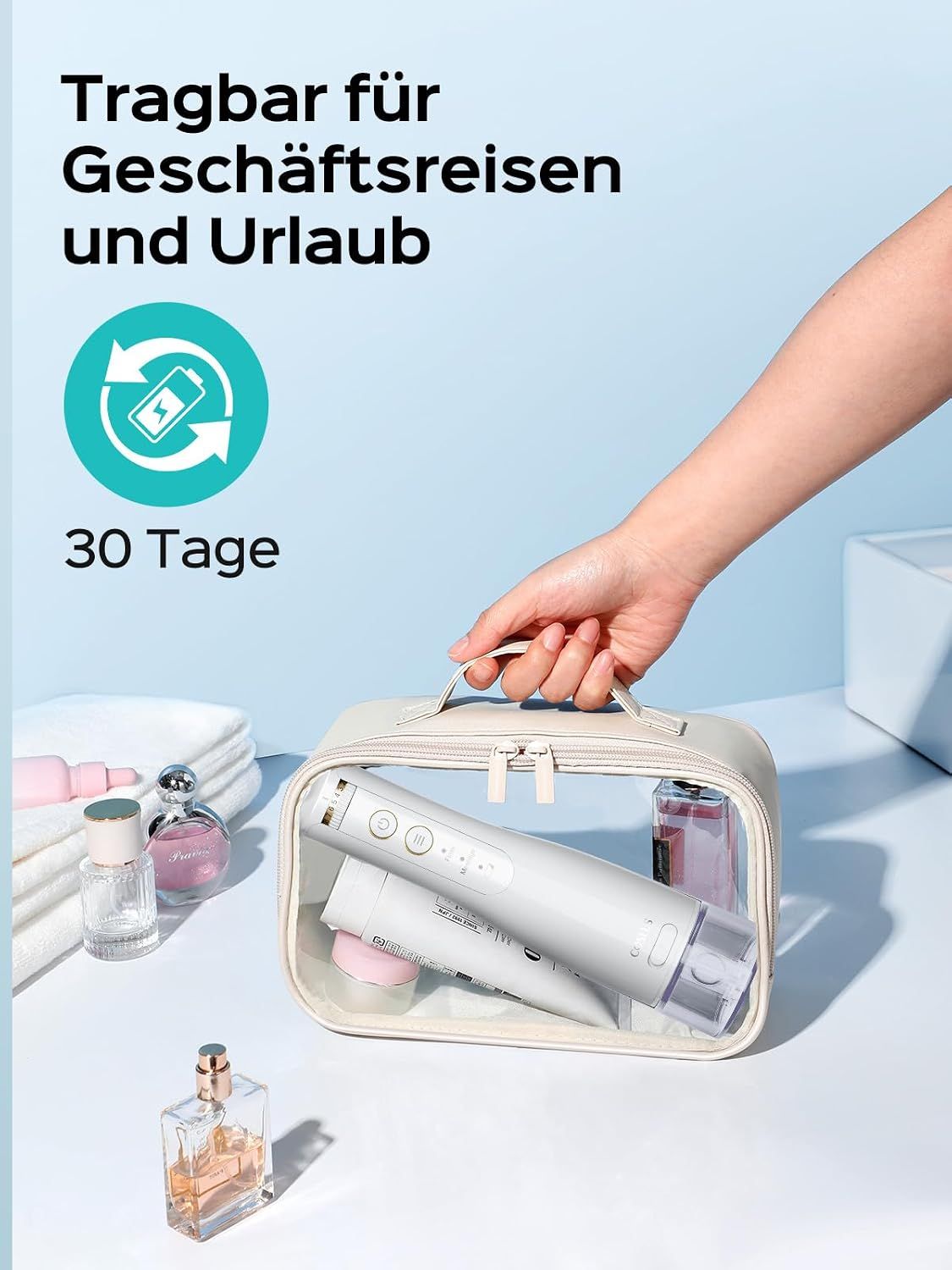 Munddusche in einer Kosmetiktasche, tragbar für Reisen.