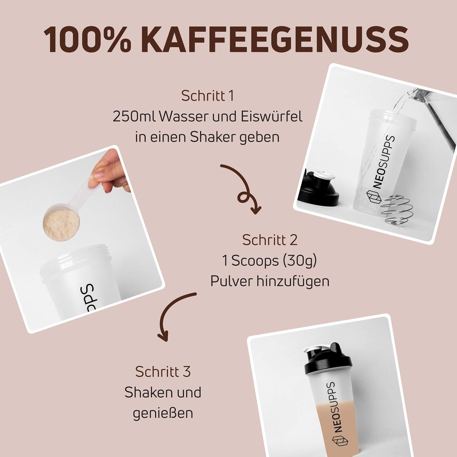 Anleitung zur Zubereitung von Protein Iced Coffee. Schritte: Wasser und Eiswürfel in Shaker, Pulver hinzufügen, schütteln.