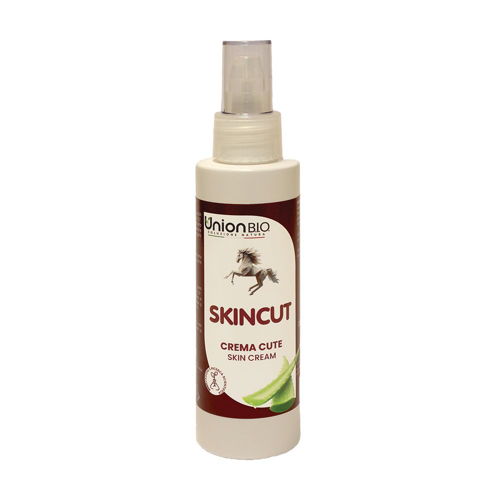 Zylinderförmige Flasche mit Sprühkopf. Aufschrift: Union BIO, SKINCUT, CREMA CUTE SKIN CREAM. Abbildung eines Pferdes und Aloe Vera.