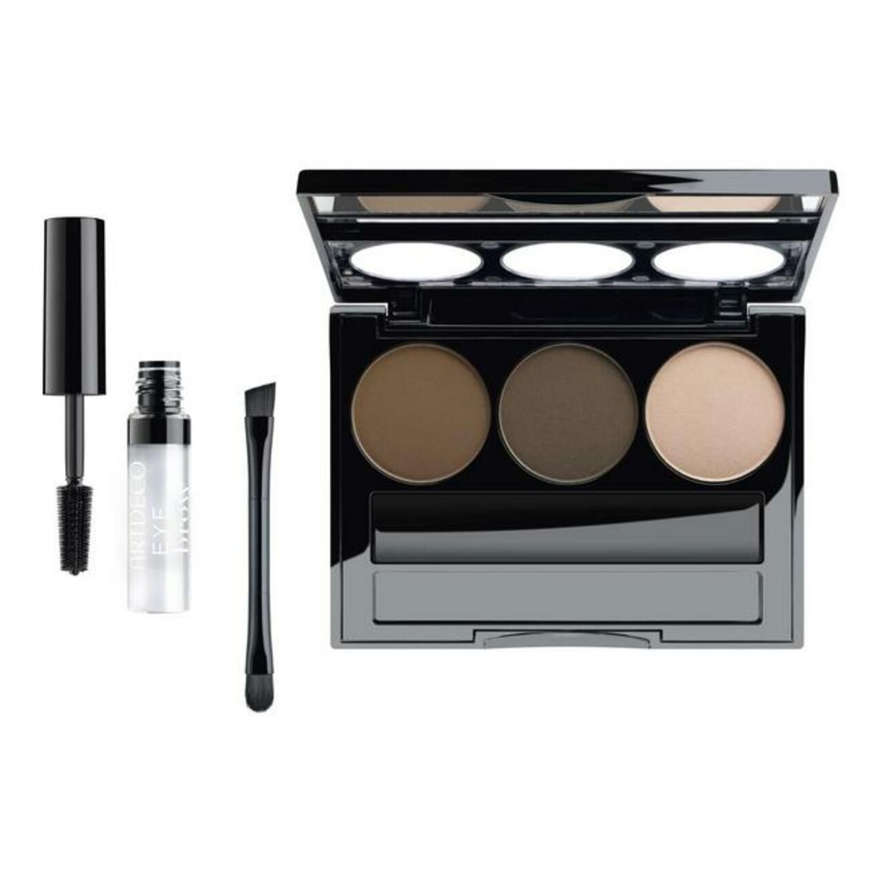 Artdeco Augenbrauen-Kit. Schwarze Palette mit drei runden Farbtönen, Bürste, Mascara und Augenbrauengel.