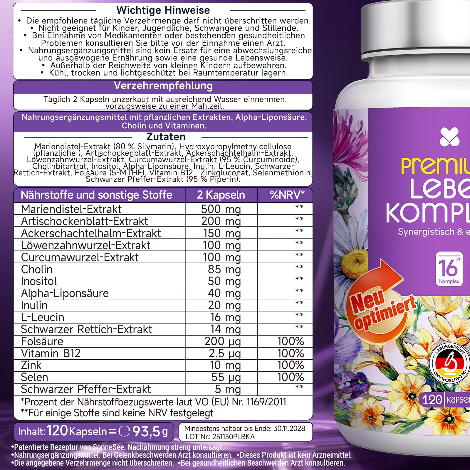 Sonnenklee Premium Leber Komplex: Nährwertangaben, Inhaltsstoffe und Anwendungshinweise auf dem Etikett.