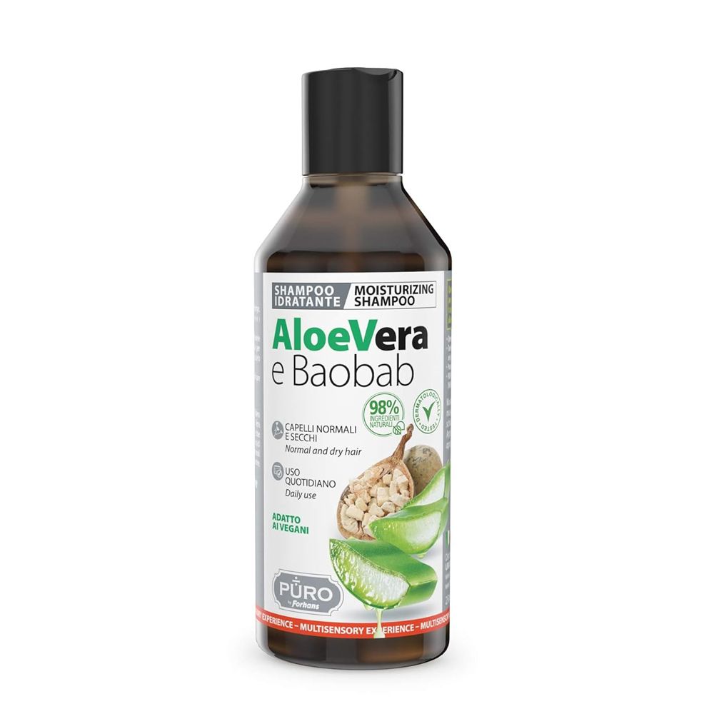 Braune Shampoo-Flasche mit schwarzem Deckel. Aufschrift: Aloe Vera e Baobab. Enthält 98% natürliche Inhaltsstoffe. Marke: PURO.