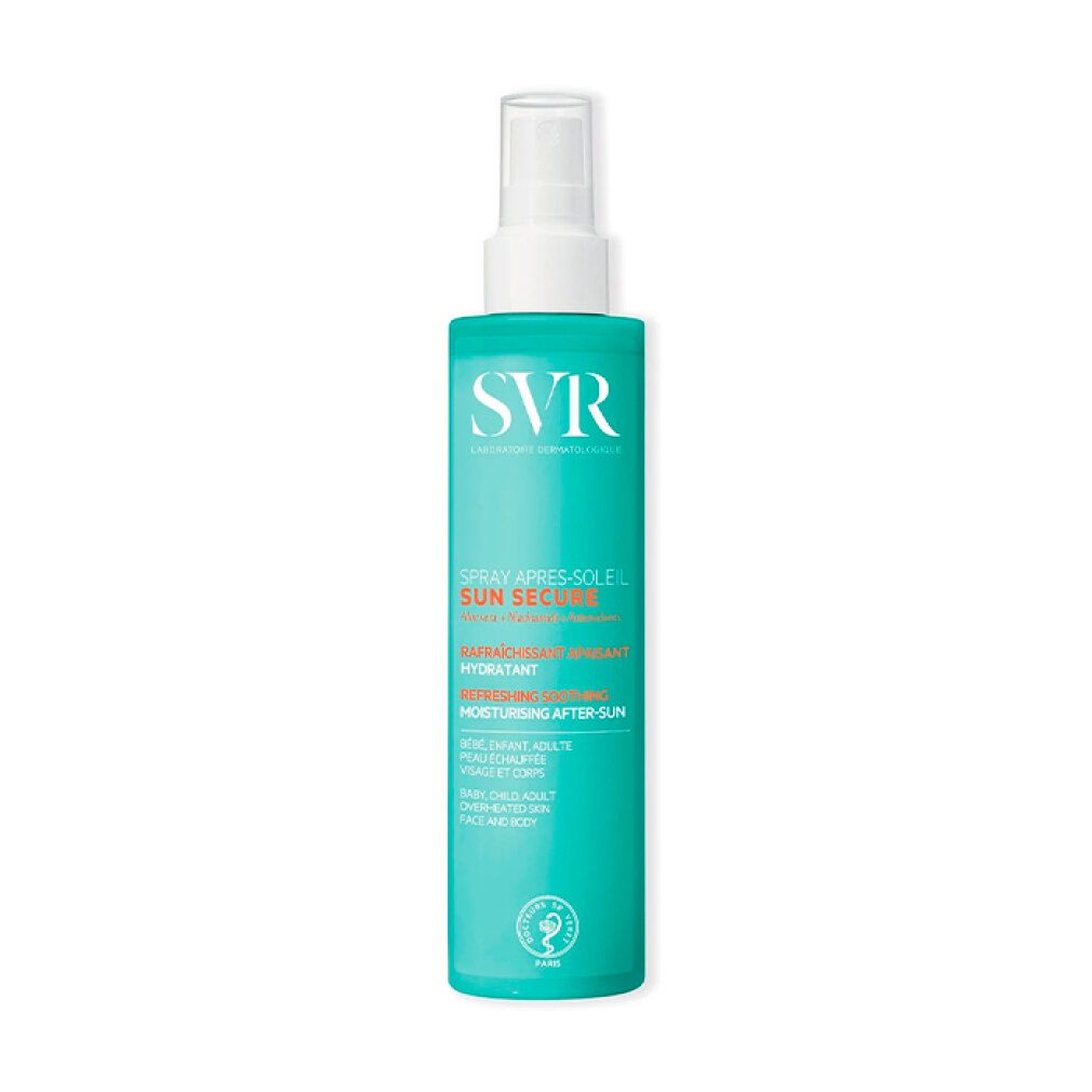 Türkisfarbene Sprühflasche mit weißem Pumpspender. Beschriftung: SVR Sun Secure After Sun.