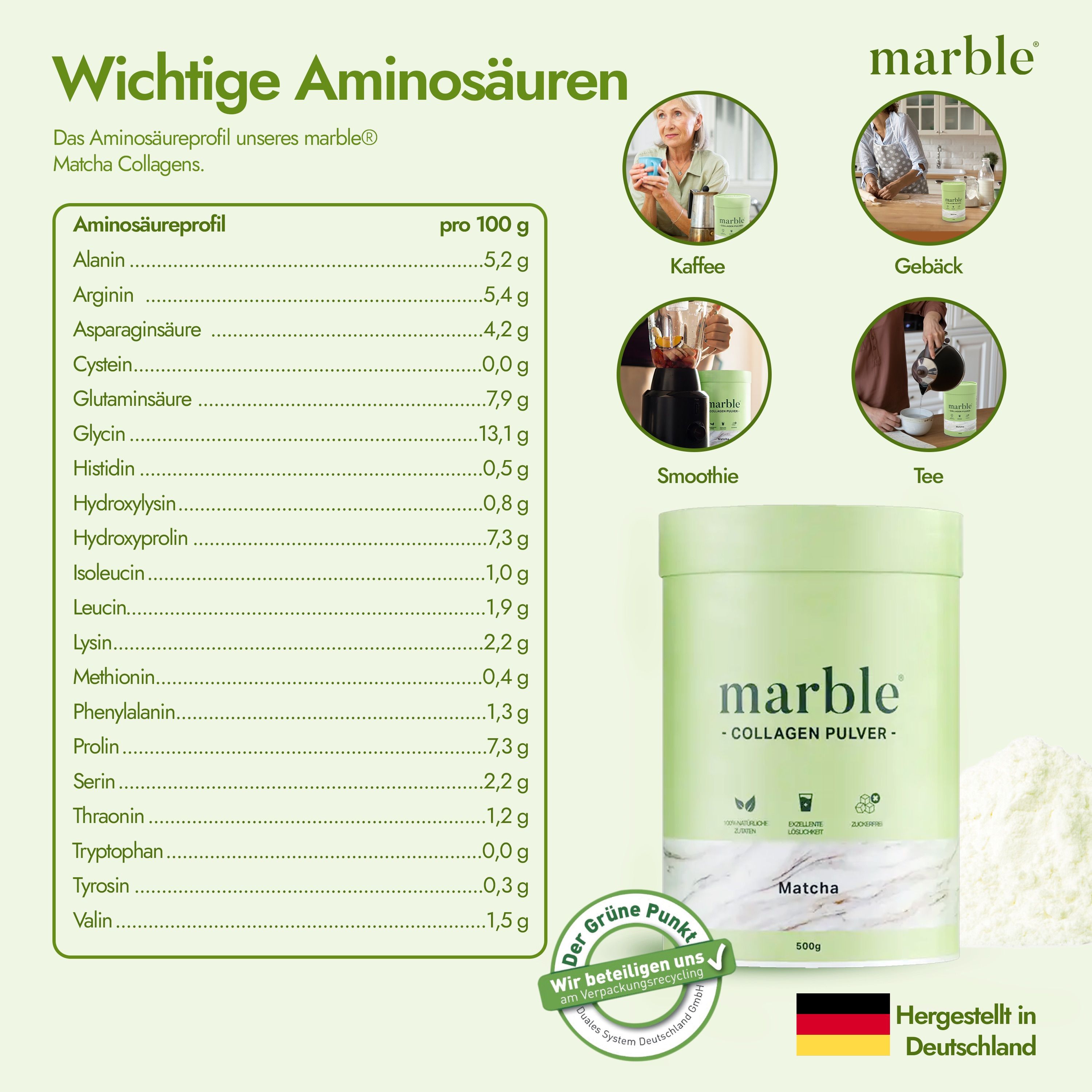 Dose 'marble' Collagen Pulver Matcha, Aminosäureprofil. Grafiken: Kaffee, Gebäck, Smoothie, Tee. 'Hergestellt in Deutschland'.