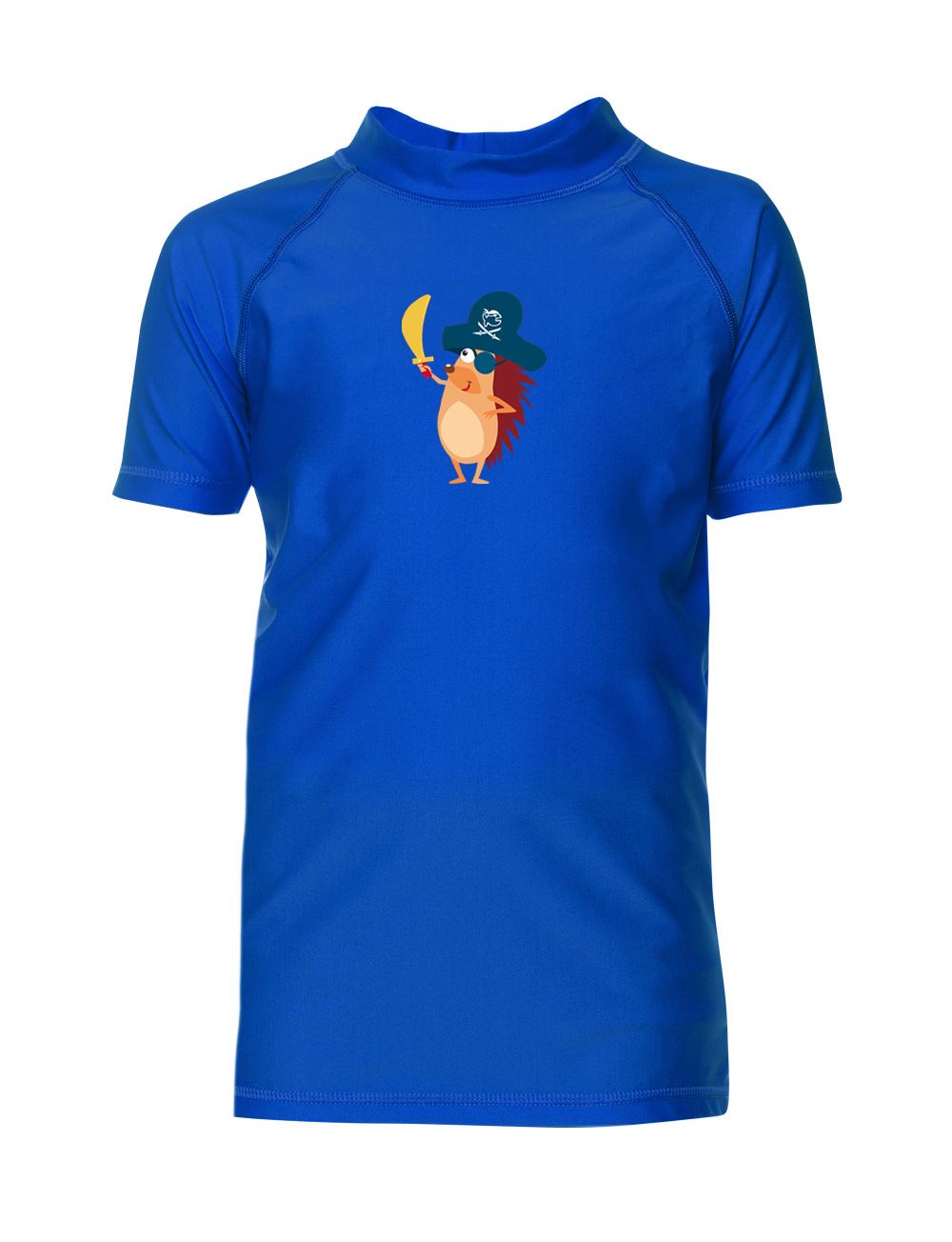 Blaues iQ-UV Sonnenschutz Shirt Kids Igelchen. Kurzarm-Shirt mit Igel-Piraten-Motiv. Stehkragen. UV-Schutz-Kleidung.