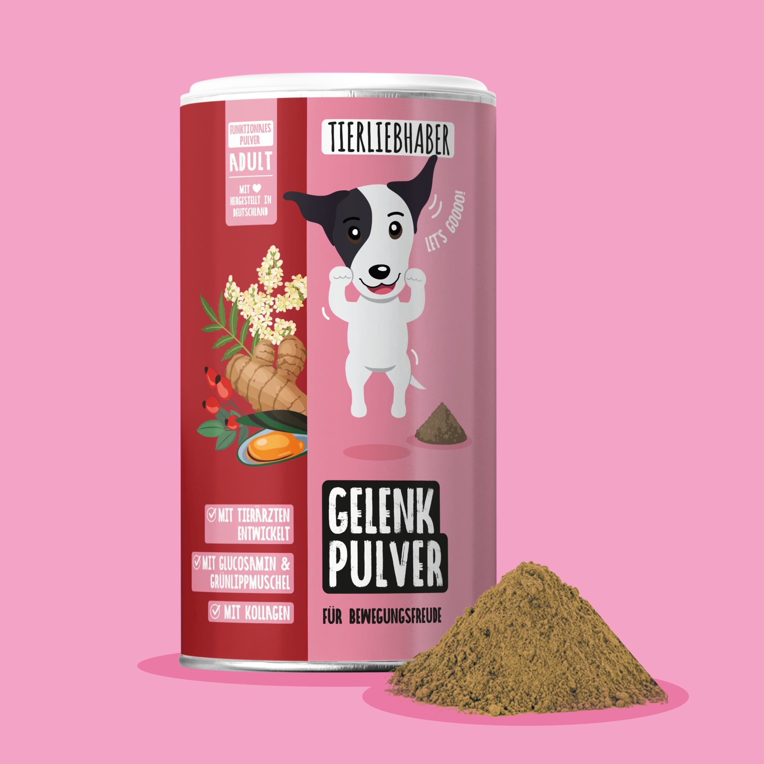 Dose Tierliebhaber Gelenk Pulver neben einem Haufen Pulver.