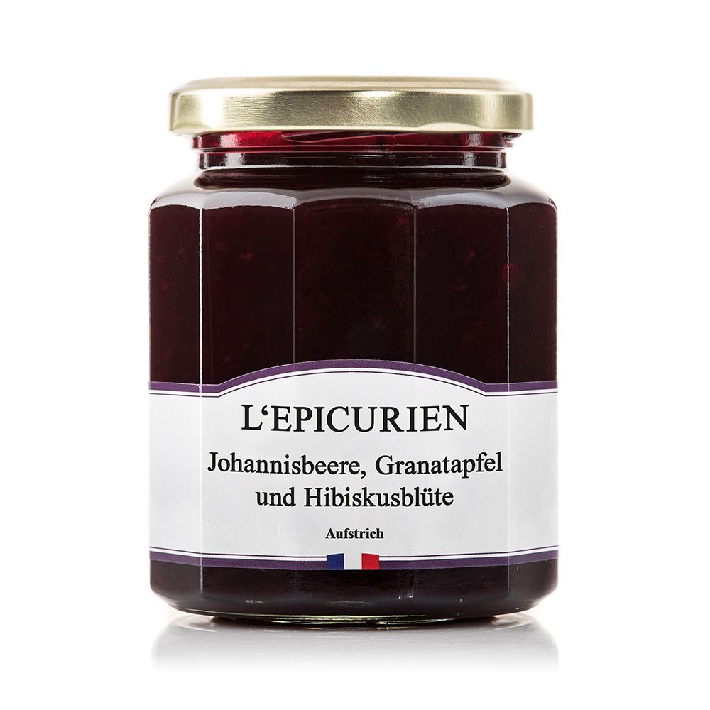 Glas mit Aufstrich, Etikett mit Produktnamen. Johannisbeere, Granatapfel, Hibiskusblüte. Französische Flagge.