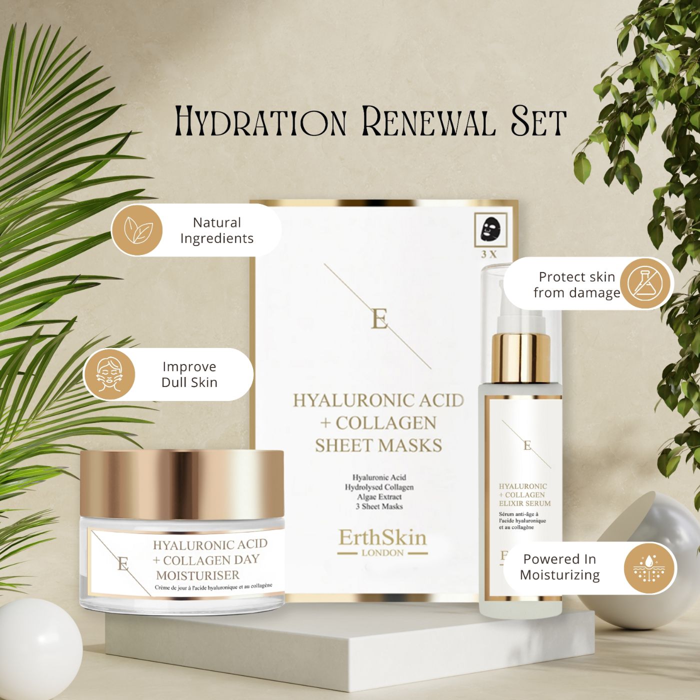 Tagescreme, Serum und Masken. Produkte mit goldfarbenen Deckeln und Etiketten. Schriftzug: ErthSkin London. Aufschrift: Hyaluronsäure + Kollagen.