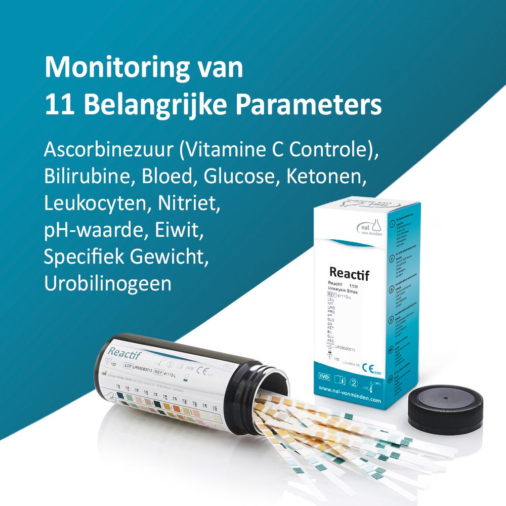 Teststrips en verpakking. Merk Reactif, 11 parameters. Fles met strips. CE-markering.