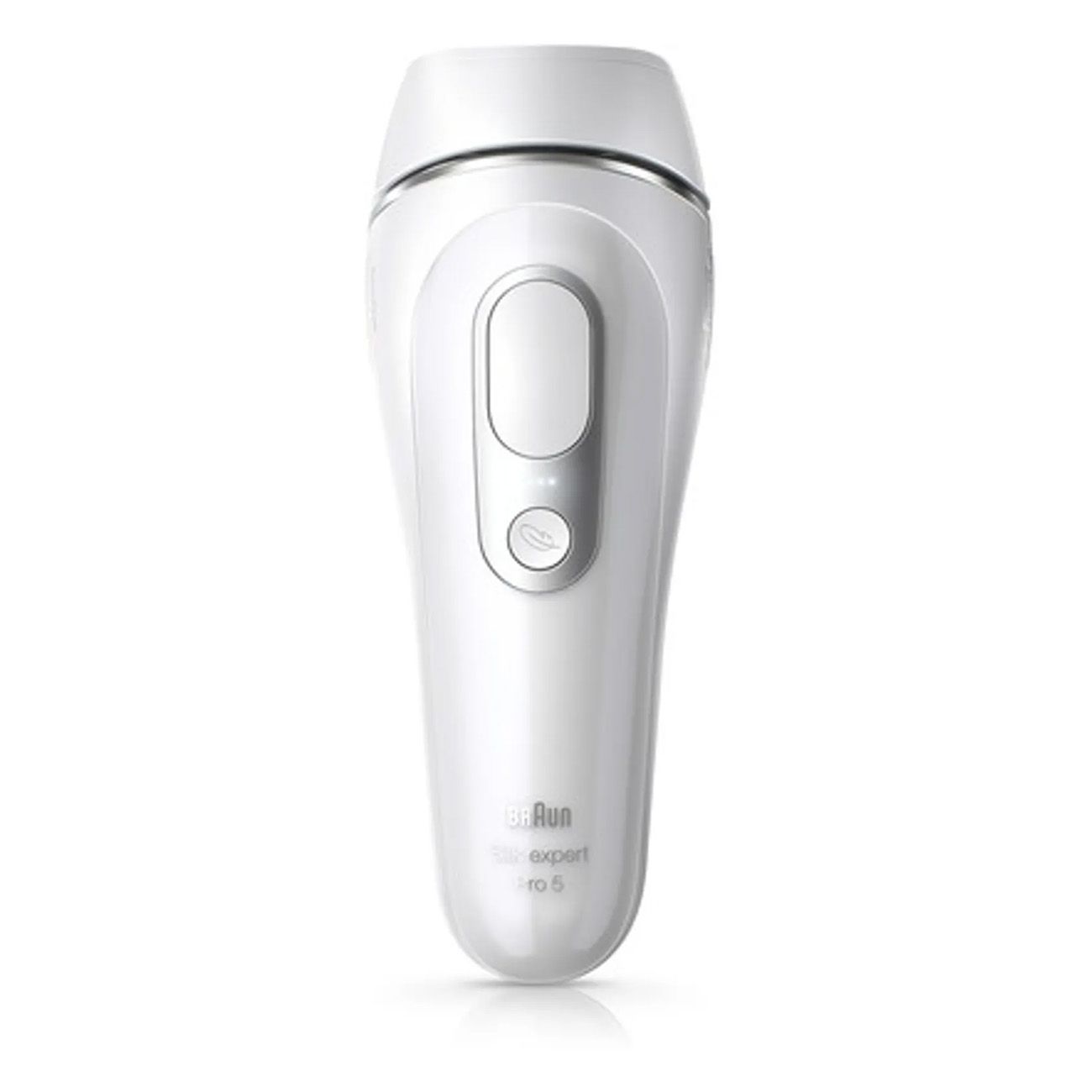 Weißes IPL-Haarentfernungsgerät. Zwei Knöpfe und "Braun Silk-expert Pro 5" sind sichtbar.