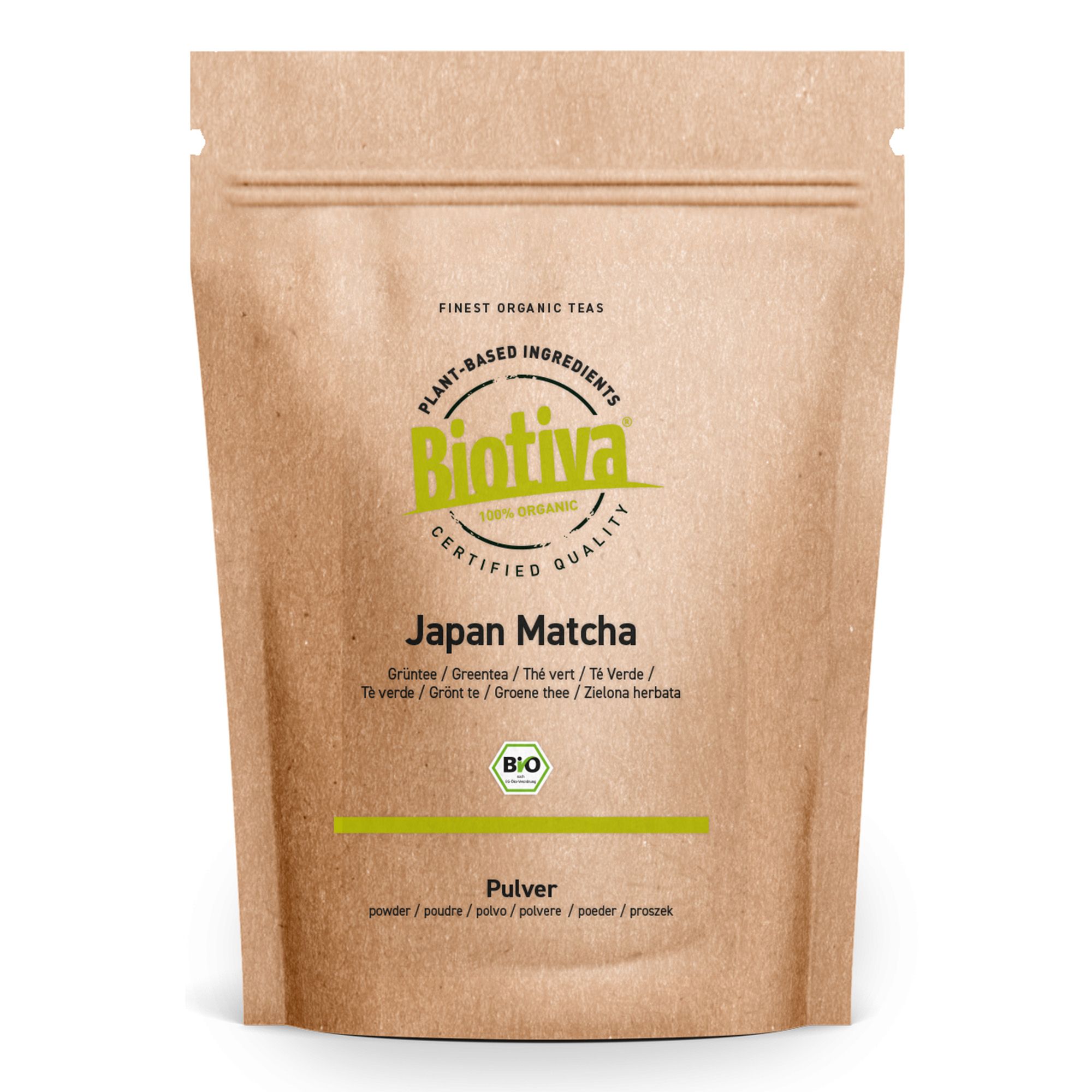 Braune Papierverpackung mit Matcha-Pulver. Aufdruck: Biotiva, Japan Matcha, Bio-Siegel. Pulver.