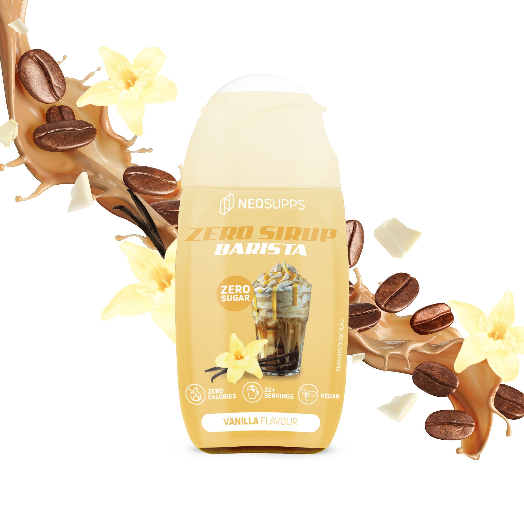 Gelbe Flasche Neosupps Zero Sirup Barista, Vanille. Mit Kaffeebohnen, Vanilleblüten und Schokoladenstückchen dekoriert. Vegan-Siegel.
