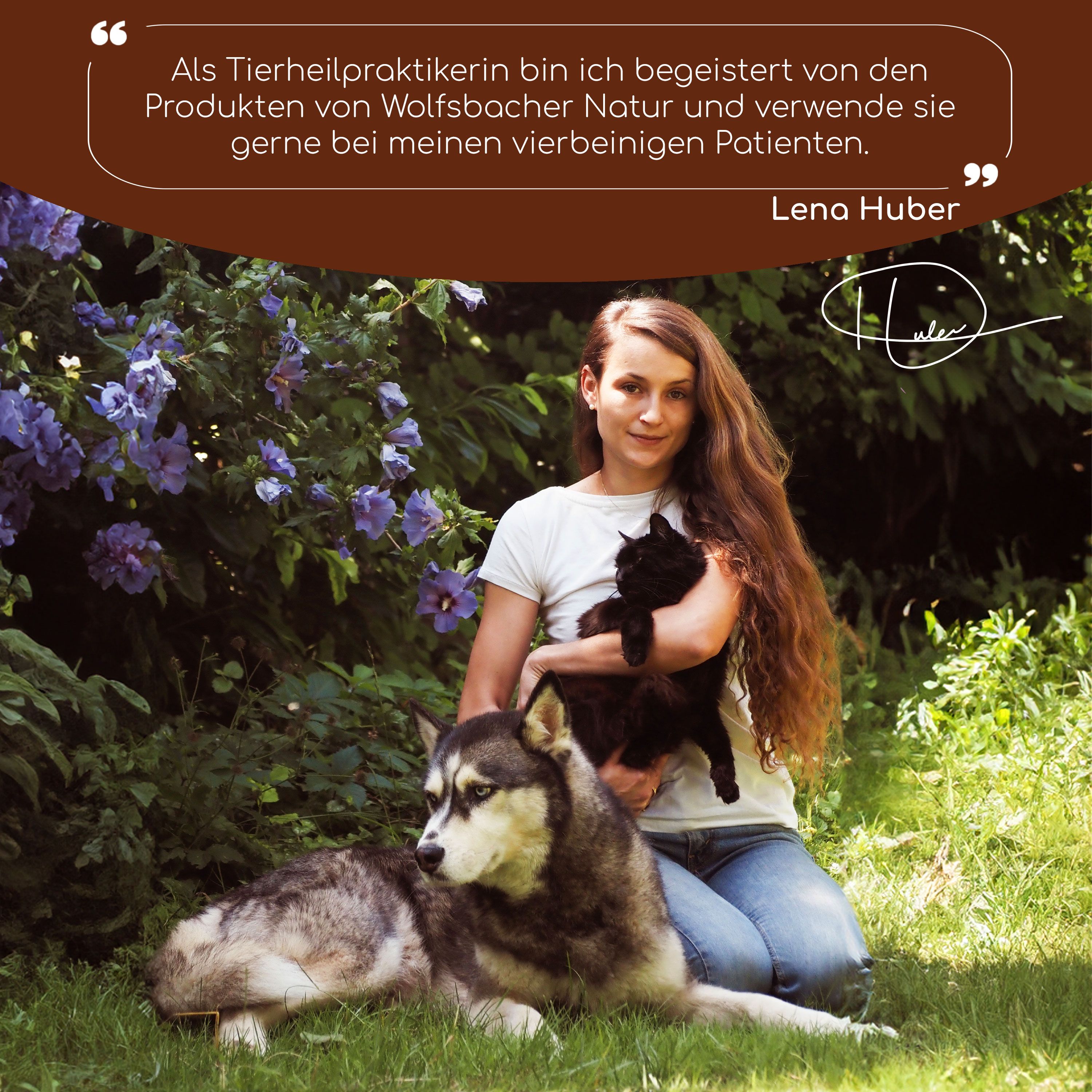 Frau mit Hund und Katze. Zitat: Begeistert von Wolfsbacher Natur Produkten.