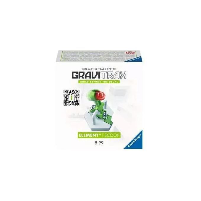 La confezione del set GraviTrax Element Scoop. Sulla confezione sono presenti il nome del prodotto, il logo e un'immagine del prodotto. Il set include un meccanismo a cucchiaio verde, due elementi esagonali grigi e una base bianca.
