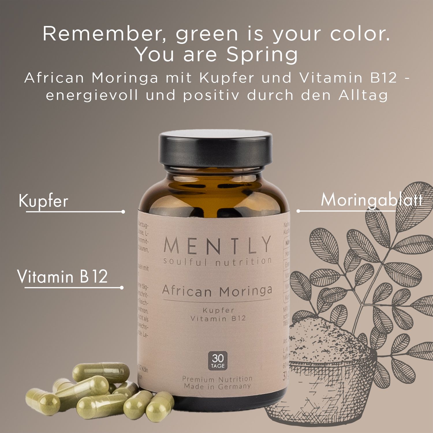 Braune Glasflasche mit schwarzem Deckel. Aufschrift: MENTLY African Moringa mit Kupfer & Vitamin B12. Kapseln daneben.
