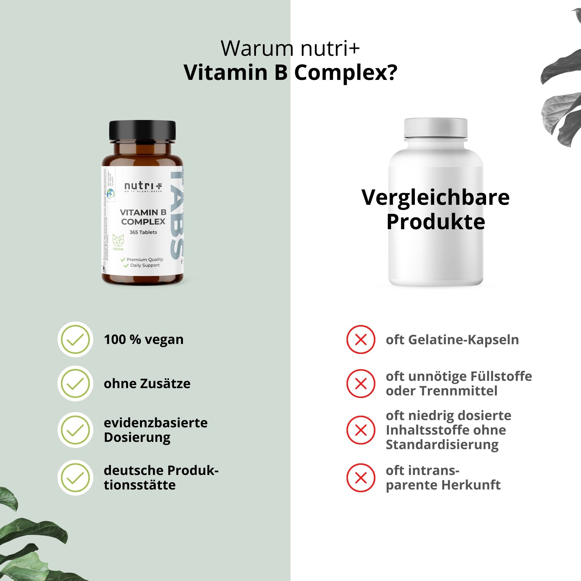 Vergleich: Vitamin B Complex vs. Vergleichsprodukte. Vorteile: 100% vegan, ohne Zusätze, evidenzbasierte Dosierung, deutsche Produktionsstätte.