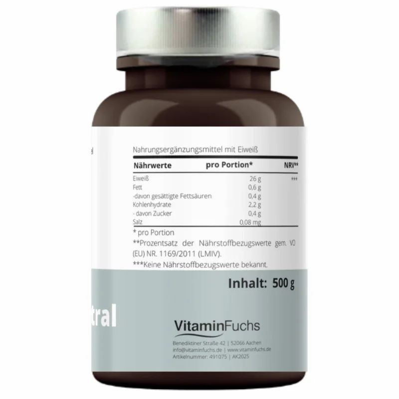 Rückseite einer braunen Flasche. Weißes Etikett mit Nährwertangaben und Inhaltsangabe: 500 g. Vitamin Fuchs Logo.