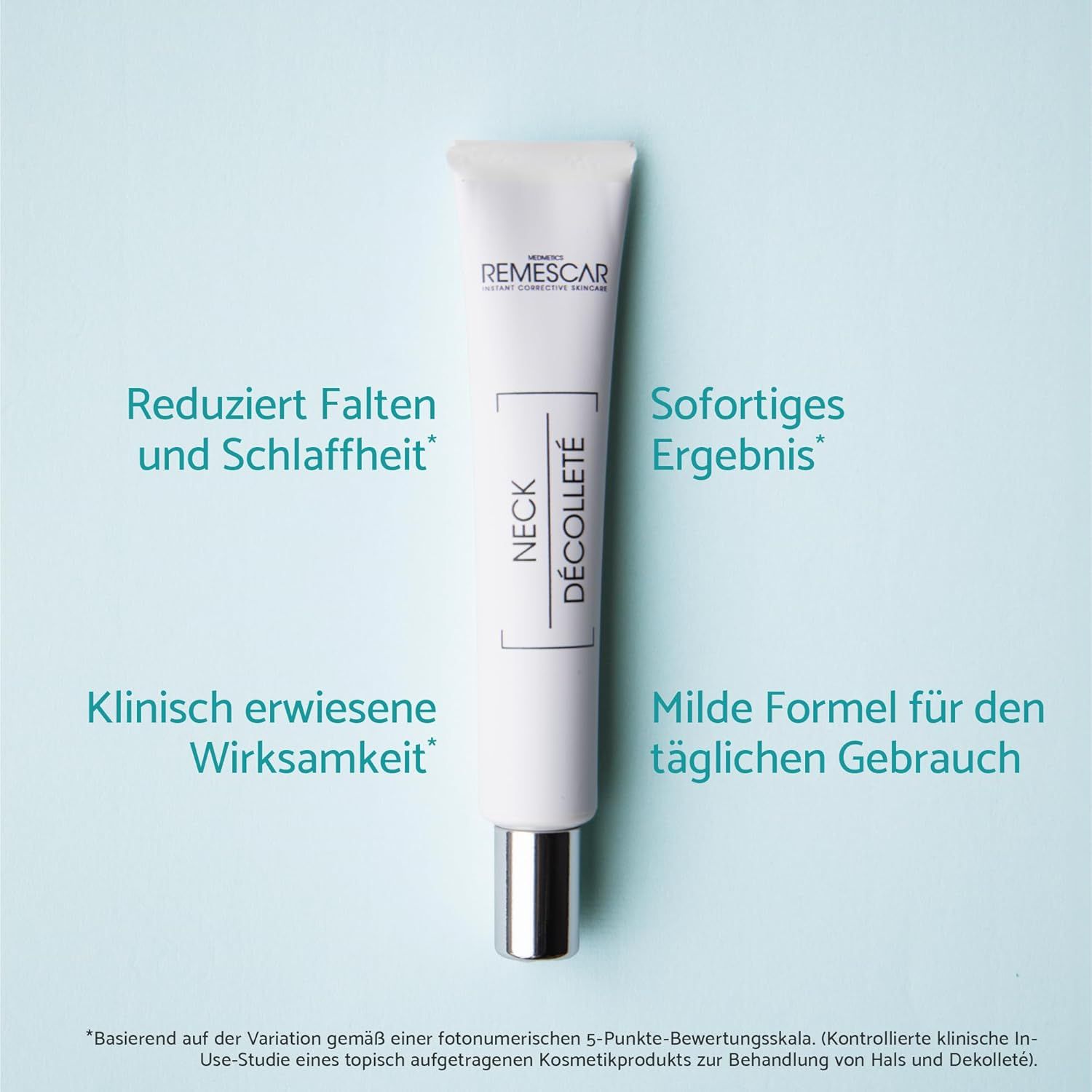 Tube mit Text. Text: Reduziert Falten und Schlaffheit, Sofortiges Ergebnis, Klinisch erwiesene Wirksamkeit, Milde Formel.