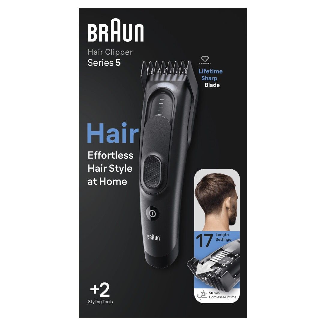 Braun Haarschneider Series 5. Schwarzes Gerät mit Aufsätzen, 17 Längeneinstellungen. Verpackung mit Produktabbildung und Text.