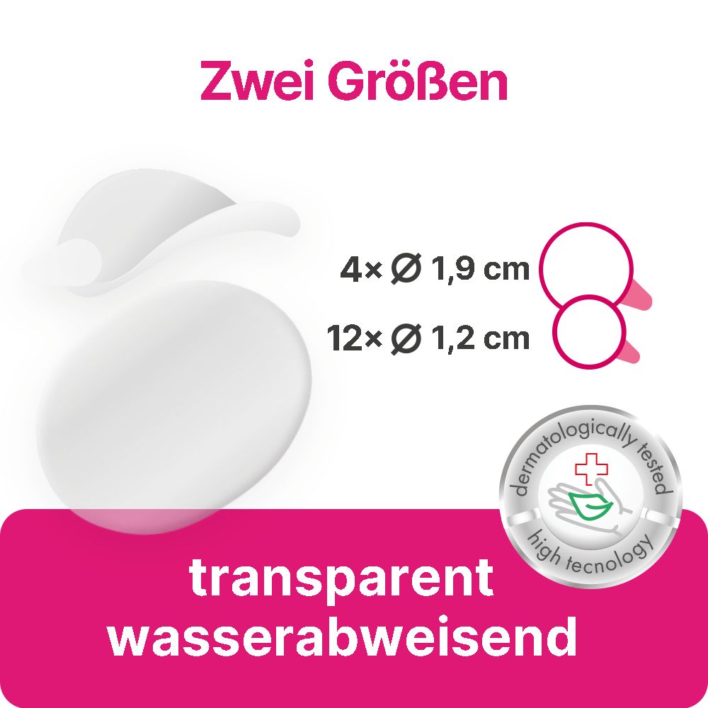 Zwei Größen Warzenpflaster: 4x Ø 1,9 cm und 12x Ø 1,2 cm. Transparent und wasserabweisend. Dermatologisch getestet.