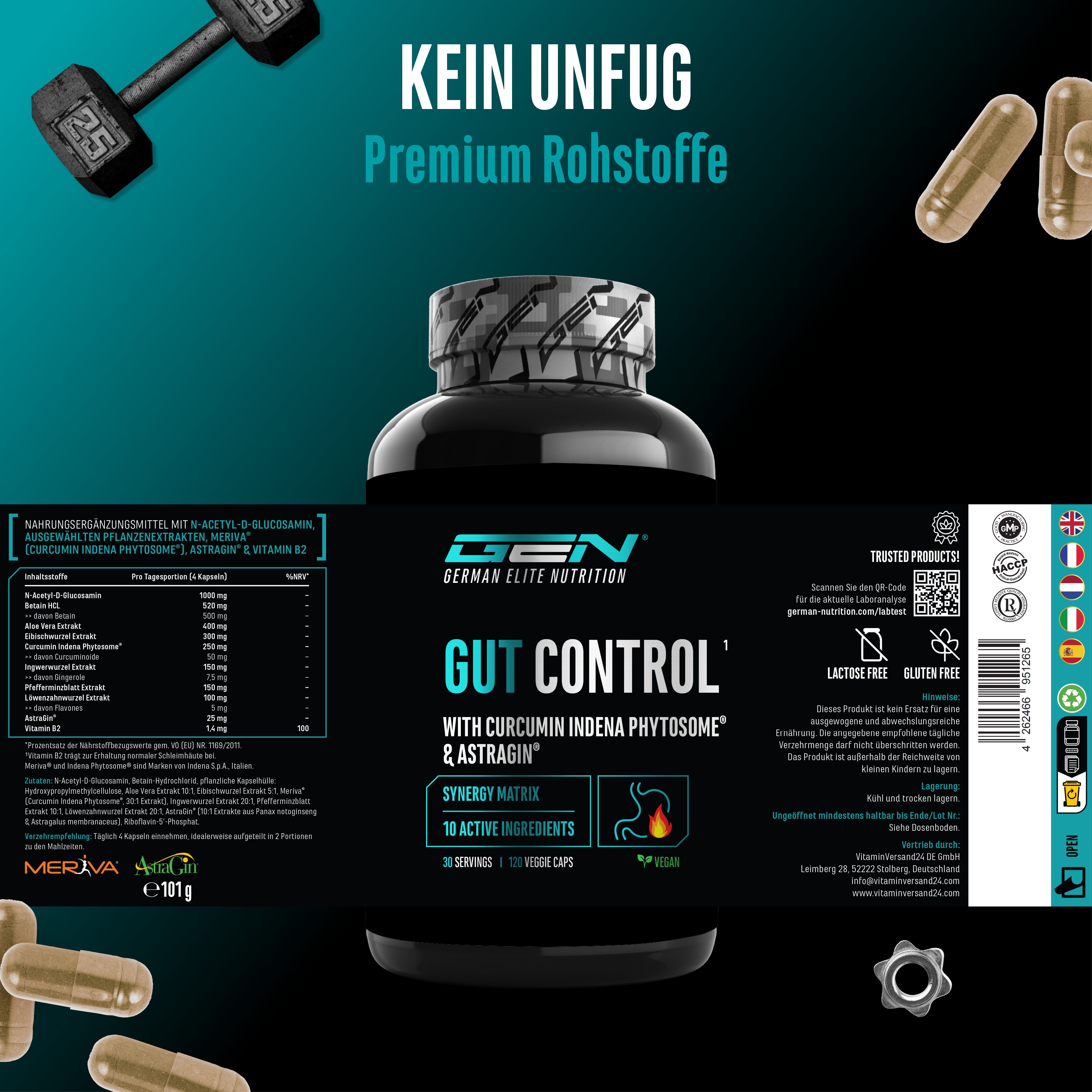 Produktverpackung von Gut Control. Schwarze Dose mit weißem Etikett. GEN-Logo, Gut Control, 10 Inhaltsstoffe, 120 Kapseln.