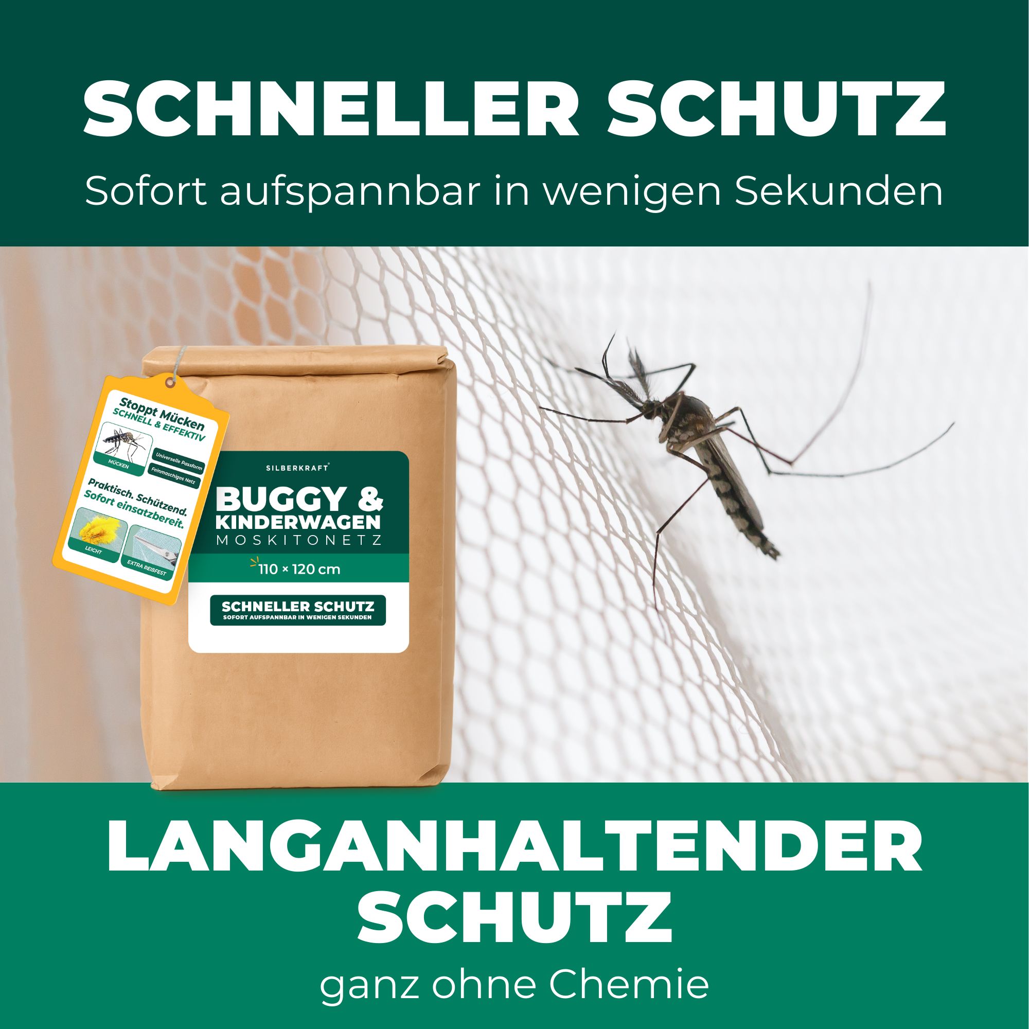 Moskitonetz-Verpackung mit Produkt-Label und Text: Schneller Schutz. Eine Mücke fliegt über das Netz. Text: Langanhaltender Schutz.