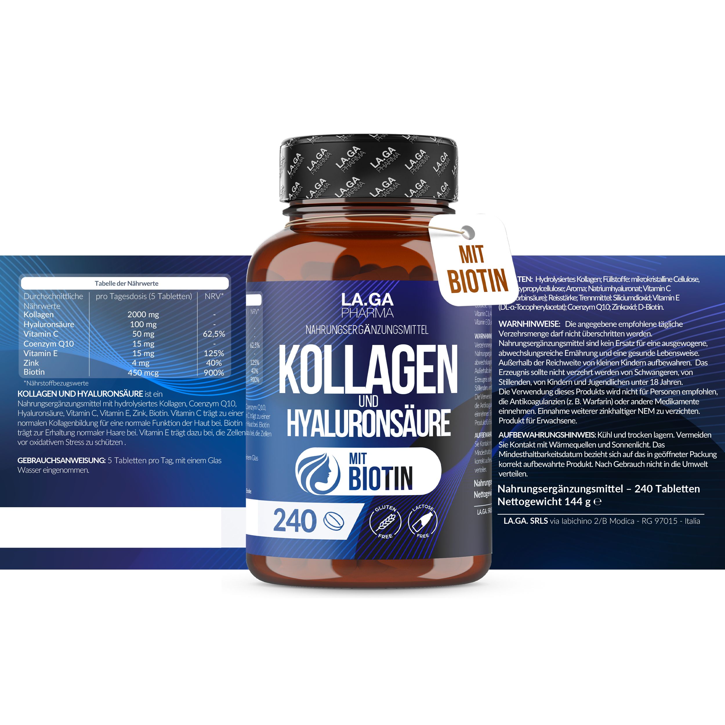 Braune Flasche mit Tabletten. Aufschrift: Kollagen und Hyaluronsäure, 240 Tabletten. Mit Biotin. LA.GA Pharma.
